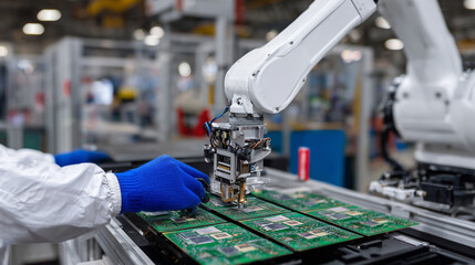 Human worker wearing protective gloves carefully placing circuit boards while a robot arm applies solder paste in a synchronized manufacturing cell