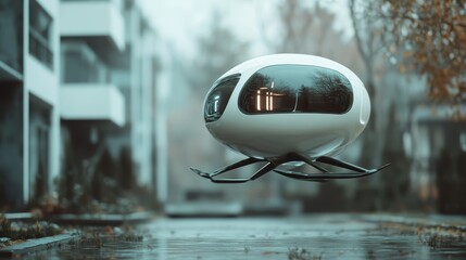 A futuristic floating pod hovers in a sleek urban environment, symbolizing advanced technology and innovation, capturing the imagination of what modern transport could look like.