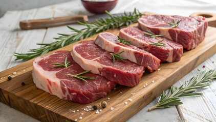 Raw Beef Steaks Rosemary Salt Pepper Wooden Board beef cuts