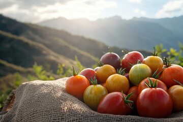 A vibrant pile of colorful tomatoes rests on burlap, set against a backdrop of serene mountains and a soft, sunlit sky.