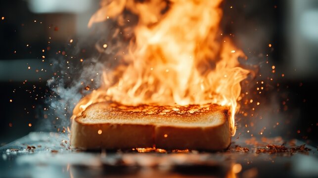 An intense image of toast engulfed in flames, demonstrating the unforeseen hazards of cooking, set against a blurred kitchen backdrop emphasizing chaos and urgency.