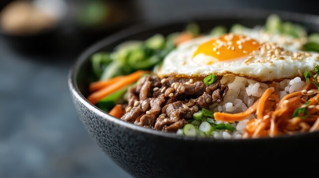 A vibrant bowl of bibimbap showcases a delightful blend of colorful ingredients topped with a fried egg, illustrating the art of traditional Korean cuisine and its flavors.