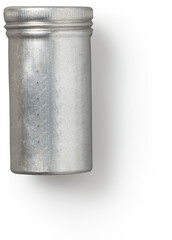 A cylindrical metal container with a screw cap, typically used for storing powdered substances.