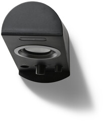 A sleek black speaker designed for audio output, featuring control knobs and a minimalist aesthetic.