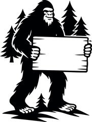 Bigfoot holding a blank sign in a forest silhouette