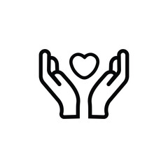 Obraz premium Black isolated outline icon of heart in hands on white background. Line icon of heart and hands. Symbol of care, love, charity.