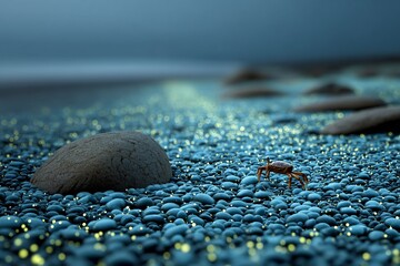 Small crab species walking across glowing bioluminescent algae patches beach rocks twilight marine realism
