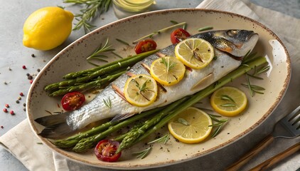 Roasted Sea Bass Lemon Asparagus Rosemary Garnish roasted fish