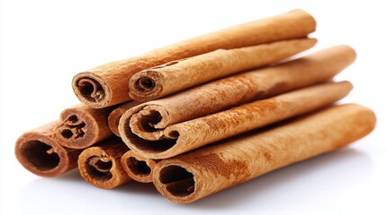 Aromatic Cinnamon Sticks on White - A close-up shot of several cinnamon sticks arranged on a white background. Symbolizes warmth, spice, holiday baking, comfort, and flavor
