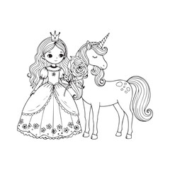 Black and white princess unicorn and rose illustration