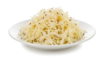 A close-up shot of fresh sauerkraut, a traditional fermented food, served on a white plate