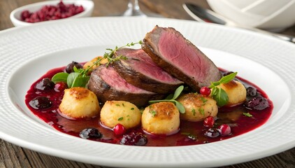 Roasted Venison Saddle Slices Berry Sauce Potato Dumplings