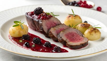 Roasted Venison Saddle Slices Berry Sauce Potatoes Rosemary Garnish