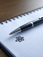 Naklejka premium Atom Research Notes - Close-up of a spiral notebook with a pen and an atom symbol, suggesting scientific research or study