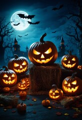 Halloween pumpkins and bats in a ghostly forest at night