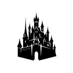 Obraz premium Black silhouette of a fantasy castle with multiple towers and spires 