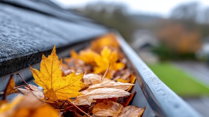 Autumn Leaves Clogged Gutter - Close-up of autumn leaves accumulated in a house gutter, causing potential drainage issues. Fall maintenance