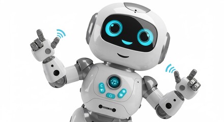 Fototapeta premium Freundlicher Roboter tanzt fröhlich hell beleuchtet. AI Generated