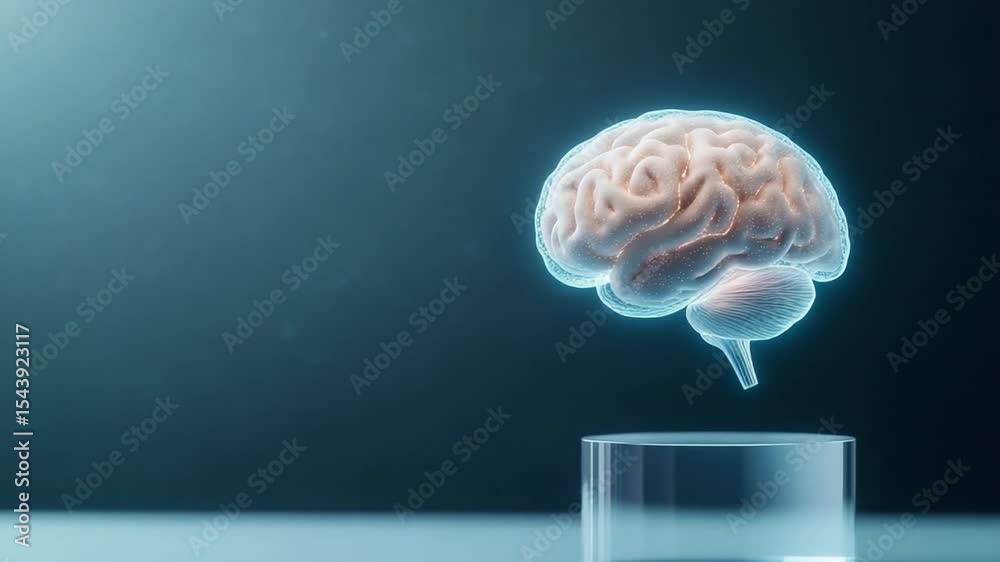 Poster Mind's Insight: A translucent model of a human brain, delicately hovering above a transparent platform, glows with intellectual potential against a serene backdrop.