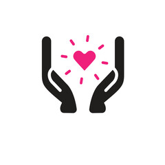 Black isolated outline icon of heart in hands on white background. Line icon of heart and hands. Symbol of care, love, charity.