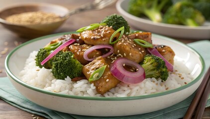 Sesame Chicken Broccoli Rice Bowl Red Onion Garnish
