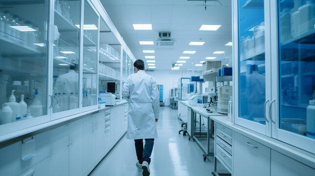 Scientific laboratory with a laboratory assistant in a white coat walking down the corridor towards his workplace