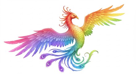 Fototapeta premium Regenbogen Phönix fliegt kraftvoll auf weißem Hintergrund sanft leuchtend. AI Generated