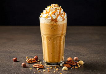 Iced caramel nut coffee frappe with whipped cream