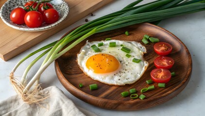 Sunny Side Up Egg on Wooden Plate with Green Onions and Tomatoes 1