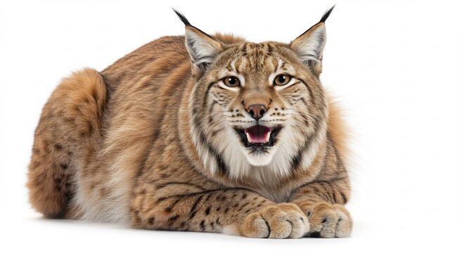 Luchs liegt ruhig weiss Hintergrund kraftvoll ansprechend leuchtendes Fell. AI Generated