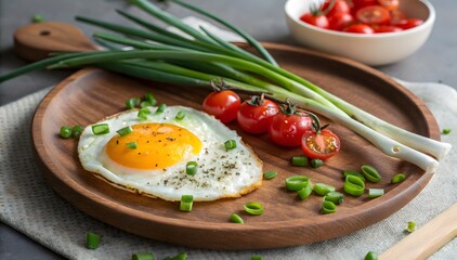 Sunny Side Up Egg Wooden Plate Green Onions Cherry Tomatoes