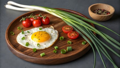 Sunny Side Up Egg Wooden Plate Tomatoes Green Onions