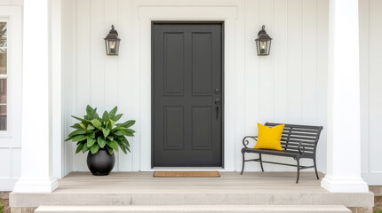 Fototapeta premium Black front door of white house, tree and bench, charming and modern home entrance featuring a bold black front door with simple paneling and a circular knocker