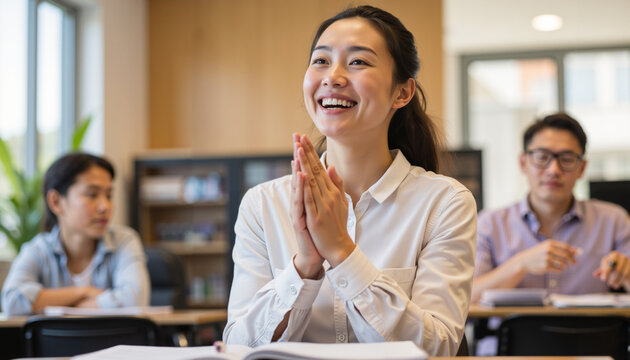 Young Asian woman smiling and clapping hands in classroom setting