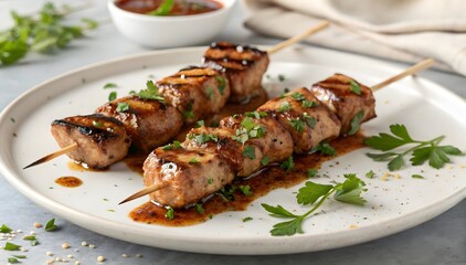 Three Grilled Pork Skewers Parsley Garnish Brown Glaze