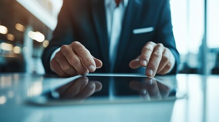 A focused businessman engages with a tablet in a modern office, demonstrating professionalism and technology integration, highlighting productivity and modern working environments.