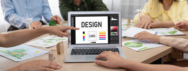 Graphic designer software for modern design of web page and commercial brisk ads showing on the...