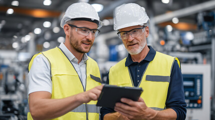 Factory employees in safety vests collaboratively reviewing smart device data on production efficiency, high-tech control panels and machinery in background