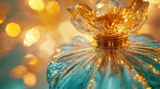 Teal glass perfume bottle with gold accents against a bokeh background.