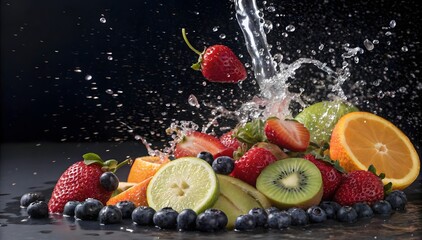Vibrant Fruit Splash Water Strawberries Kiwi Orange Lime Blueberries