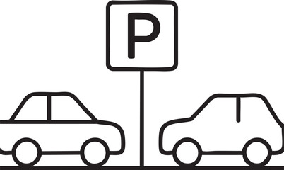 Simple Line Art Illustration of a Parking Sign with Two Cars Parked Underneath It in Black and White