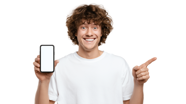 Happy Man Holding Smartphone with Blank Screen on Transparent Background


