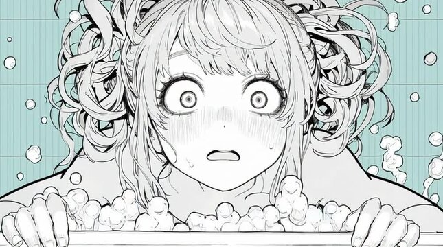 Black and white manga style clip of a shocked anime girl in a bubble bath, capturing a humorous and expressive moment