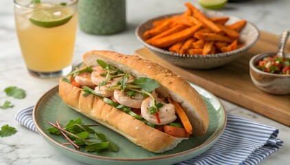 Vietnamese Shrimp Banh Mi Sandwich Sweet Potato Fries