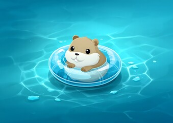 Cute rodent on inflatable ring in water