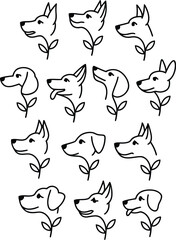Naklejka premium Line art illustration of dog heads with floral stems on a white background