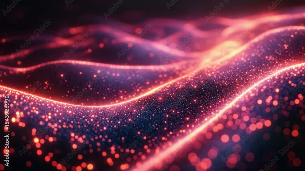 Poster Abstract Red Energy Waves: Glowing red particles forming dynamic, undulating waves, creating an abstract image of energy and motion.
