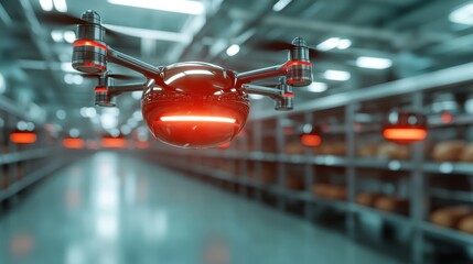 A sleek, futuristic drone hovers amidst a warehouse setting, highlighting cutting-edge technology and surveillance in a modern industrial environment with vibrant highlights.