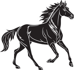 Black Silhouette of Trotting Horse in Profile – Elegant Minimalist Vector with Flowing Mane, Raised Front Leg, and Muscular Build – Clean Line Equine Design for Logos, Prints, and Equestrian Themes