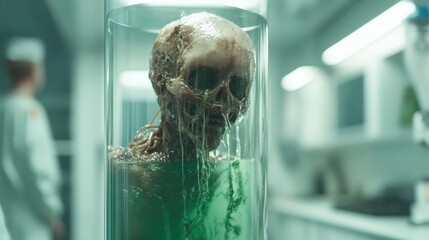 A mysterious alien figure suspended in a glass container, submerged in a green liquid, presenting a chilling scene from a science fiction horror narrative.